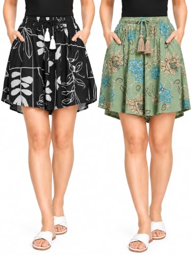 Image of B STORIES Women's Viscose Printed Lounge Culotte Shorts (Pack of 2)