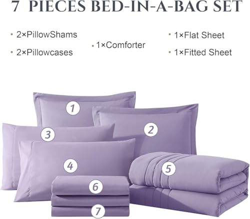 Monbix King Size Comforter Set - 7 Pieces Light Purple Bed in a Bag King Bedding Sets with Comforters, All Seasons Comforter Bed Set with Sheets, Pillowcases & Shams (102"x90") by Monbix - Image 7