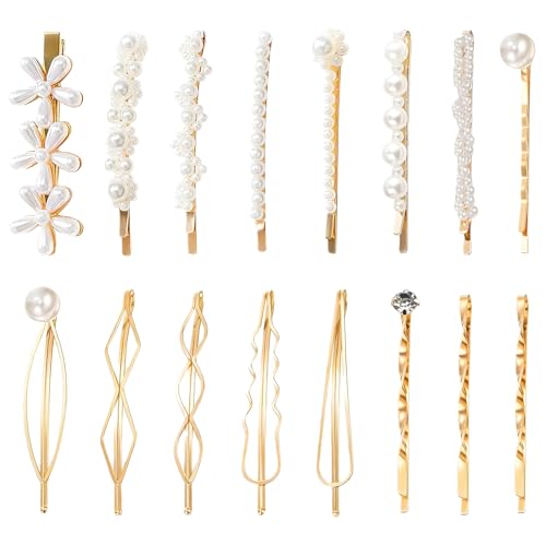 Image of MOTIBACK Pearl Hair Clips and Gold Hair Clips Set, 16pcs Elegant Pearl Barrettes & Hair Claw Clips for Women, Luxury Gold-Tone Hair Accessories for Wedding, Bridal, Party, Everyday