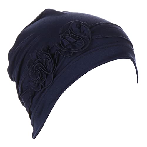 Bandeau pour femme avec nœud et fleur - Chapeau ethnique floral - Turban - Chapeau plissé - Bandeau solide noué, bleu marine, Taille unique