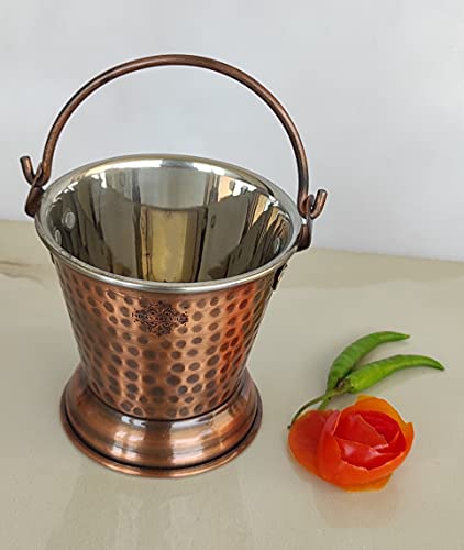 Image of Indian Art Villa Steel Copper Hammered Design Antique Dark Tone Bucket, Serveware & Tableware for Home, Hotel & Restaurants, Volume-300 ML