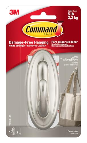Command 5 lb Large Brushed Nickel Color Hook 1 Hook and 2 Command Strips Damage-Free Coat Hooks with Adhesive Strips Traditional Hooks for Hanging Home Decor and Room Decor
