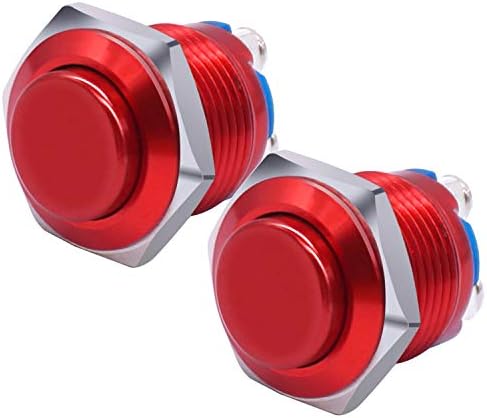 Taiss 2Pcs Momentary Push Button Switch SPST 16mm Metal High Round Red Waterproof Pushbutton Switches 1NO 3A/12-250V for Industrial Car Switch G-M16R
