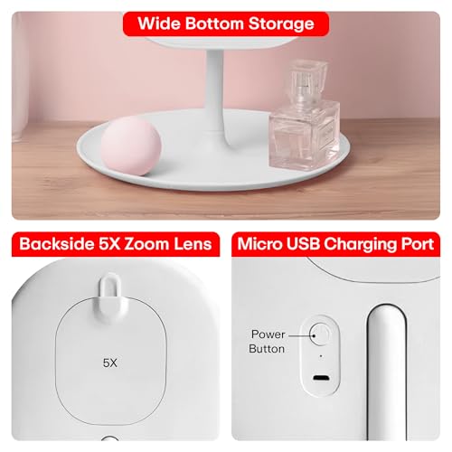 Image of PRIME PICK Makeup Mirror with LED Light, 360 Rotating, Lightweight Vanity Mirror - White, Suitable for Home, Travel, or Multipurpose Use