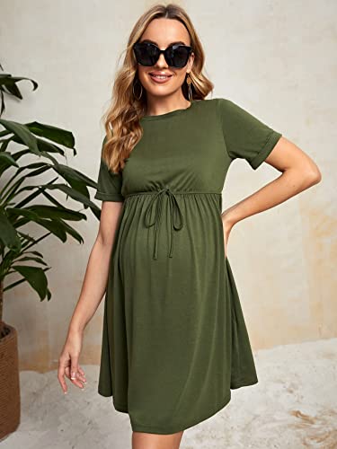 Cozyease Women's Maternity Cuffed Sleeve Solid Dress Round Neck Short Sleeve A Line Knot Front Dress Army Green S #TOP4