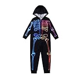 Familie passender Halloween-Overall mit Kapuze, Pyjama, Einteiler, 3D-Skelett, bedruckt, fluoreszierend, Langarm-Strampler, Bodysuit, Onesies, Nachtwäsche, Halloween-Kostüm (Kind 2 , 3-4 Years )