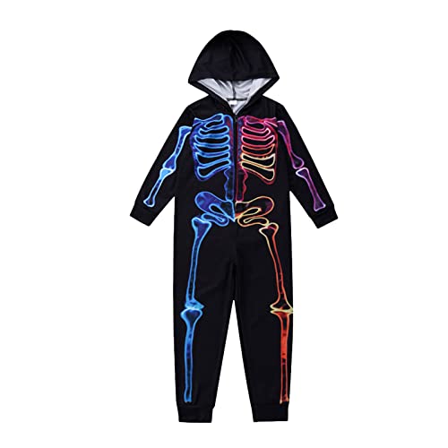 Saeevima Familie passender Halloween-Overall mit Kapuze, Pyjama, Einteiler, 3D-Skelett, bedruckt, fluoreszierend, Langarm-Strampler, Bodysuit, Onesies, Nachtwäsche, Halloween-Kostüm(Kind 2, 4-5Years) Cover