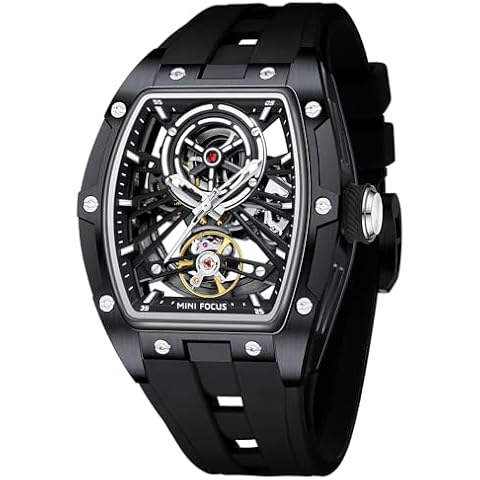 MF MINI FOCUS Unique Men Watches,Automatic Mechanical Watch,Luxury Hollow Tonneau Watches for Men with Stainless Steel Case and Silicon Band (Self-Wind Movement/5ATM Waterproof/Super_Luminous) Cover