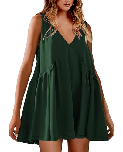 Image of Womens Babydoll Dress Summer Sleeveless Mini Dress Casual Loose V Neck Swing Flowy Beach Sundresses with Pockets
