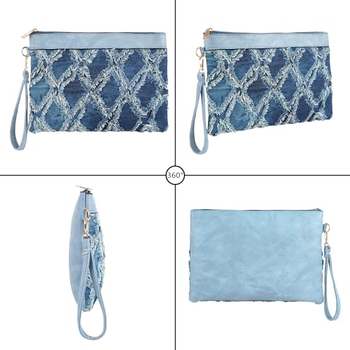 Image of Women Denim Wristlet Clutch Purses Wallet Envelope Handbag PU Leather Quilted Distressed Zipper Satchel