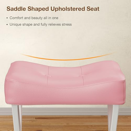 Image of Memobarco 18-Inch Leather Vanity Stool Chair, Vanity Bench with Metal X-Leg, Ottoman Accent Stool with Thick Padded Saddle Seat, Pink