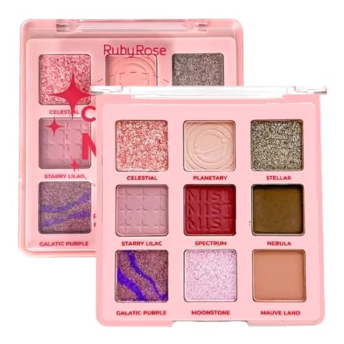 Ruby Rose Paleta de Sombras Cosmic Mist, 9 Cores Cintilantes, Rosa e Dourado