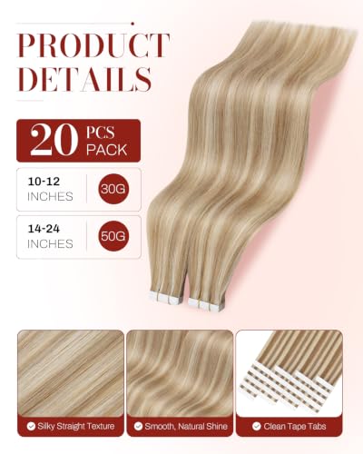 Image of Moresoo Tape in Extensions Brown Blonde Highlights 12in 20Pcs 30g | Human hair tape in extensions, medium brown lowlights, platinum blonde ribbons, flat tabs, short layers for daily wear