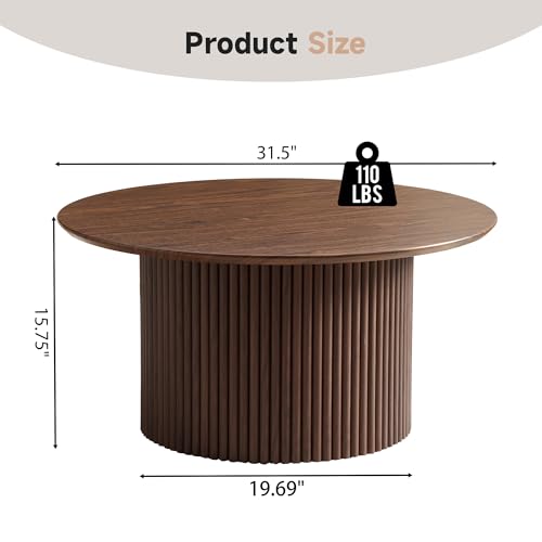 Image of 31.5 inch Round Coffee Table, Modern Fluted Accent Center Table with Metal Frame, Wooden Circle Coffee Tables for Living Room Small Space or Office (Walnut)