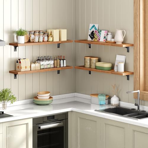 Image of HOOBRO Floating Shelves for Wall, 31.5 inch Wall Mounted Shelves Set of 2, Hanging Storage Shelf with Metal Brackets, Wooden Shelf for Living Room, Bedroom, Bathroom, Rustic Brown and Black BF82BJP201G1