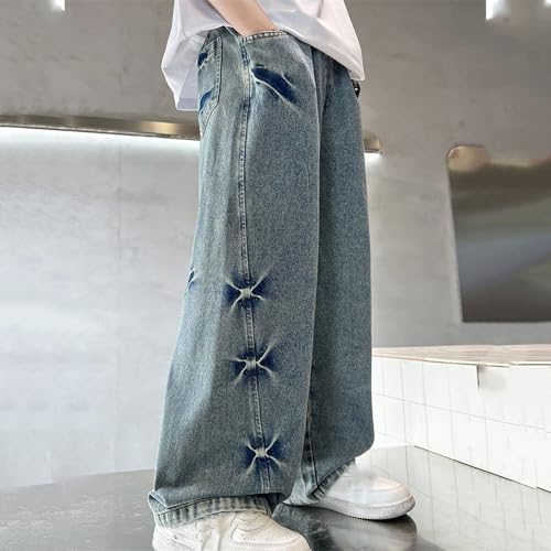 Tween Boys Blue Baggy Jeans Straight Wide Leg Casual Elastic Waist Loose Fit Denim Pants Y2K Streetwear with Pockets4