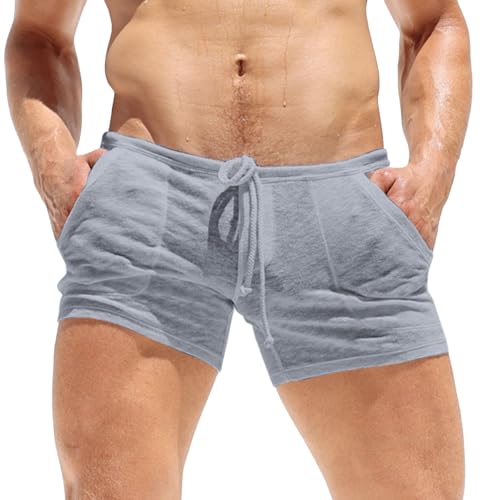HJINGSUN Mens See Through Shorts Men's Translucent Breathable Sheer Lounge Underwear Compression Short Tights with Drawstring, Light Ashy, X-Large