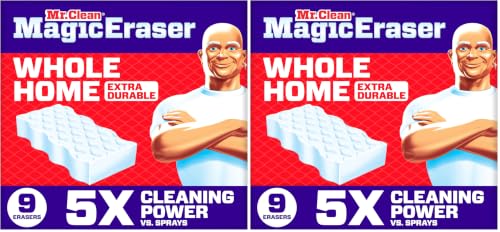 Image of Mr. Clean Magic Eraser Sponge, All Purpose Cleaner, Cleaning Scrubber, Wall, Sneaker,Kitchen,Bathroom,Shower Cleaner,Cleaning Supplies,Melamine Sponge,Cleaning Pads,Extra Durable, 9 Count (Pack of 2)
