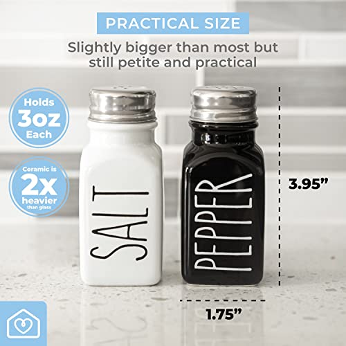 Heartland Home Farmhouse Ceramic Salt and Pepper Shakers Set with Extra Lids. 100% Stoneware Salt and Pepper Shaker Set. Black Pepper and White Salt Shaker with Lid x4. Kitchen Salt Pepper Shakers by Heartland Home - Image 4