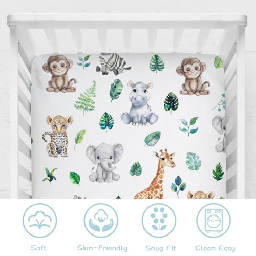 Image of Jungle Safari Animals Tropical Leaf Baby Crib Sheets 52''x28'' Leopard Elephant Giraffe Zebra Hippo Monkey Stretchy Fitted Crib Mattress Cover for Boy Girl Bed Sheet for Standard Crib Toddler Mattress