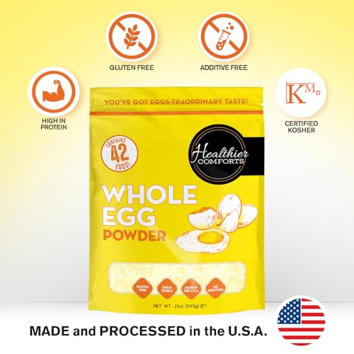 Healthier Comforts Whole Egg Powder | Pure Dried Whole Eggs | Pasteurized, Ready to Eat | Gluten Free, Made in USA | Perfect for Baking, Camping, Hiking, Shelf Stable Meal Preparation (21 oz)