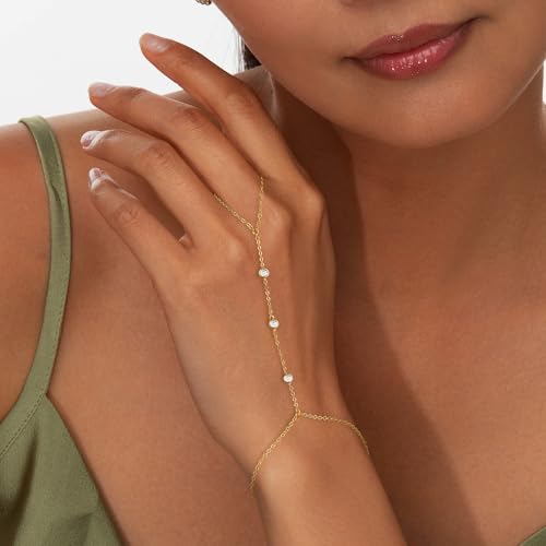 Turandoss Gold Hand Chain Bracelets for Women Trendy - Dainty 14k Gold Plated Adjustable Satellite Bead Cubic Zircon Evil Eye Pearl Finger Rings Bracelets Hand Chain Jewelry for Women2