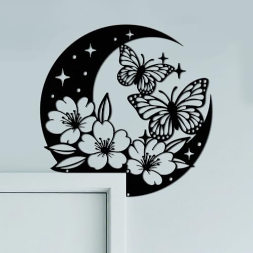 CUTHOLLOW Lune et Papillons Ornement de Cadre de Porte en Métal, Décoration Murale Noire pour Porte, Art Déco Originale d'angle de Portail pour Chambre d'enfant, Maison, Salle de Bain, Chambre