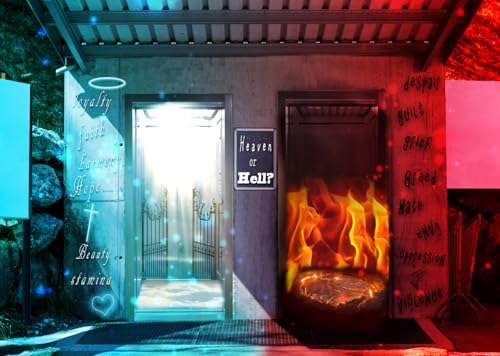 CORFOTO 2.1x1.5m Fondo de Cielo o Infierno a través de la Puerta del Infierno del Cielo Fondo de Tema de Halloween Fondo de ángel y Diablo Evento de la Iglesia Decoración de Fiesta de Halloween