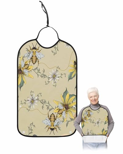 LEOKOTI Summer Flowers Bee Adult Bibs for Eating, Waterproof Bibs with Food Catcher & Adjustable Snap Closure, Farmhouse Boho Geometric Washable Clothing Protectors Adult Bibs for Elderly Women/Men