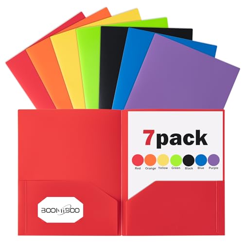 BOOMIBOO Colored Plastic Folders with Pockets (7 Pack, Assorted Colors), Durable Heavy Duty File Folders with Business Card Slot, 2 Pocket Folders for Schoolwork & Office,Letter Size
