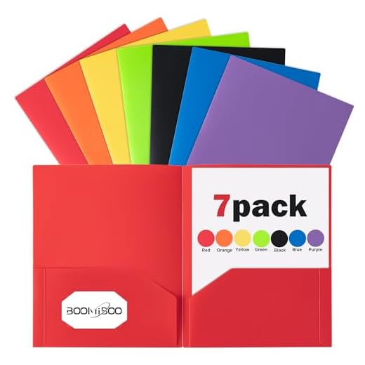 BOOMIBOO Colored Plastic Folders with Pockets (7 Pack, Assorted Colors), Durable Heavy Duty File Folders with Business Card Slot, 2 Pocket Folders for Schoolwork & Office,Letter Size