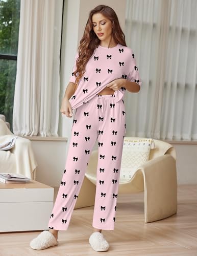 Image of Ekouaer Lounge Sets for Women Short Sleeve Tops and Long Pants Soft Comfy Pajamas Set 2 Piece Outfits