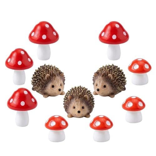 KbouZgxa 11 Stück Feengarten Zubehör, Garten Zubehör, Igel, Pilze Deko, Little Mushroom, Elfenteich Dekoration, Elfengarten Zubehör, DREI Igel und Acht Pilze in Zwei Größen