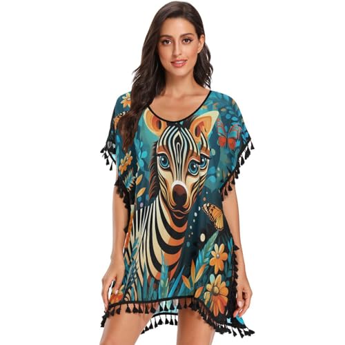 Forest Flower Animals Zebra Women's Beach Cover Up Chiffon Tassel Swimwear Swimsuit Coverups for Girl