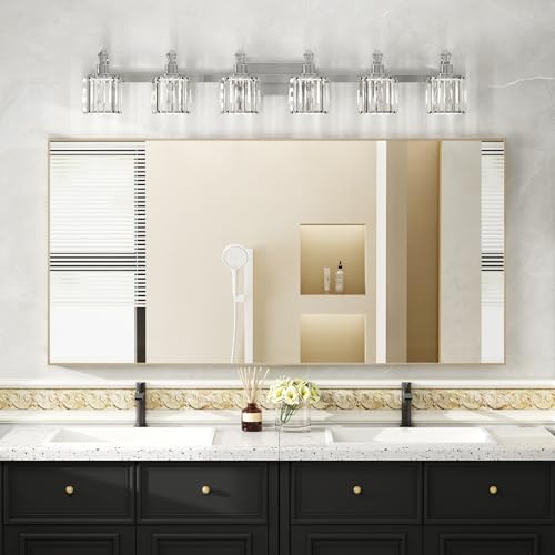 Image of GarveeTech Crystal Vanity Light Fixtures Modern Stainless Steel Crystal Bathroom Vanity Light Fixtures Chrome, 6 Light Vanity Light Bathroom Wall Lights Fixtures E26 Base(Exclude Bulb)