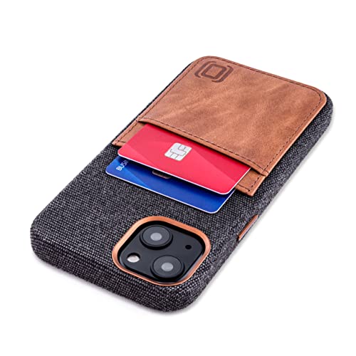 Image of Dockem Fabric Card Case for iPhone 13 with Built-in Metal Plate for Magnetic Mounting, Stitched-on Genuine Leather Wallet with 2 Credit Card /ID Slots: M2F 6.1 inch [Grey w /Light Brown]