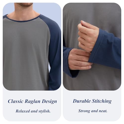 Mens Pajamas Set Comfy Pj Sets Long Sleeve Pajamas Cotton Raglan Sleeves 2-Piece Loungewear Nightwear with Pockets4
