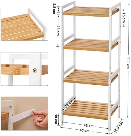 SONGMICS Bambusowa półka, półka kuchenna, półka łazienkowa, regał, 4 półki 45 x 31,5 x 110 cm Idealna do łazienki, kuchni, salonu, sypialni, balkonu, naturalna biel BCB74WN