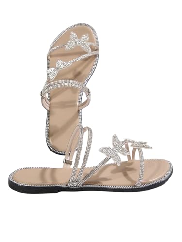 Image of OYOANGLE Women's Silver Rhinestone Sandals Sparkly Dressy Flat Sandals