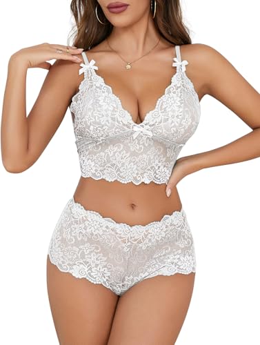 Image of Lilosy Sexy Lingerie for Women Lace Pajamas Set Cami Bra and Panty High Waist Sheer Sleepwear 2 Piece 2XS-6XL