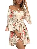 Picture of JECEIKA Women Off Shoulder Spring Dress Floral Ruffle Fall Dresses for Women Wedding Guest Dresses, Heart Floral White, Large JC219-25-L