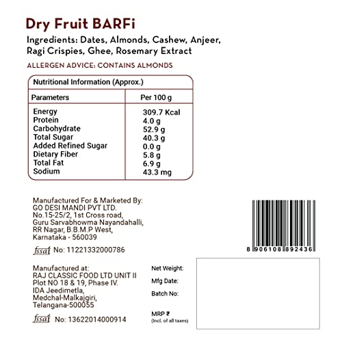 Image of GO DESi Dry Fruits Barfi | 10 Individually Wrapped Barfis | Gift for Sister and Brother | Sweets Indian Mithai