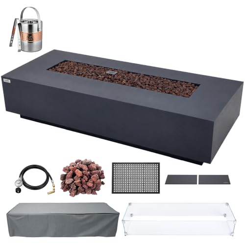 Image of AMS Creations | Savanah 72 inch Bundle Rectangular Cast Concrete Natural Gas Fire Pit Table | Dark Gray | Smooth Texture Surface | Electronic Ignition | Outdoor Patio Heater Outside Backyard Fireplace