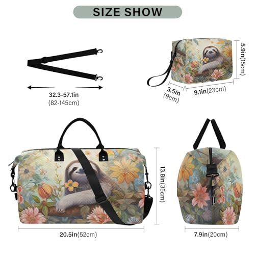Large Travel Duffel Bag, Cute Sloth in Branch Floral Sports Tote Gym Bag, Shoulder Weekender Overnight Bag for Women Men, Carry On Luggage with Toiletry Bags3