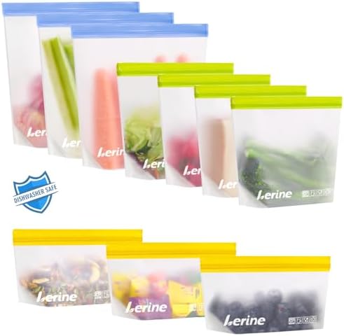 Lerine 10 Pack Stand-Up Reusable Freezer Bags, Leakproof Dishwash...