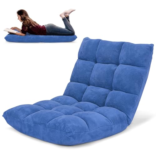 Image of COSTWAY Floor Chair, Video Gaming Chairs with Back Support, Adjustable 14-Position, Alloy Steel Frame, Soft Coral Fleece, Lazy Sofa Lounge for Reading Living Room Recliner for Adults Kids (Blue)