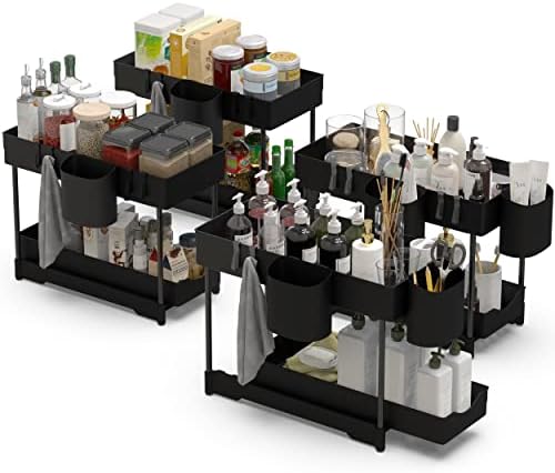 4 Pack 2-Tier Under Sink Organizer with Sliding Storage Drawer, Multi-Purpose Under Sliding Cabinet Shelf Basket Collection Organizer Drawer for Bathroom Kitchen with Hanging 8 Cup and 16 Hooks