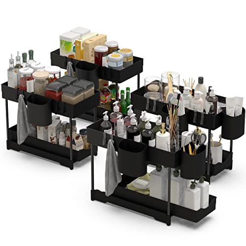 4 Pack 2-Tier Under Sink Organizer With Sliding Storage Drawer, Multi-Purpose Under Sliding Cabinet Shelf Basket Collection Organizer Drawer For Bathroom Kitchen With Hanging 8 Cup And 16 Hooks #TOP25