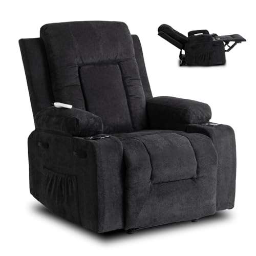 MEBEL ELITE Massagesessel Box aus Stoff Schwarz – Elektrischer Relaxsessel mit Liegefunktion – Fernsehsessel mit Massagefunktion & Getränkehaltern – Sessel für tägliche Entspannung