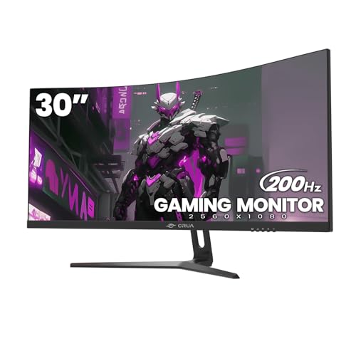CRUA 30″ Curved Gaming Monitor, 144Hz/200Hz Computer Monitor, WFHD(2560 * 1080P) VA Screen, 99% sRGB PC Monitors Support FreeSync, Wall Mount Install(HDMI, DP)- Black